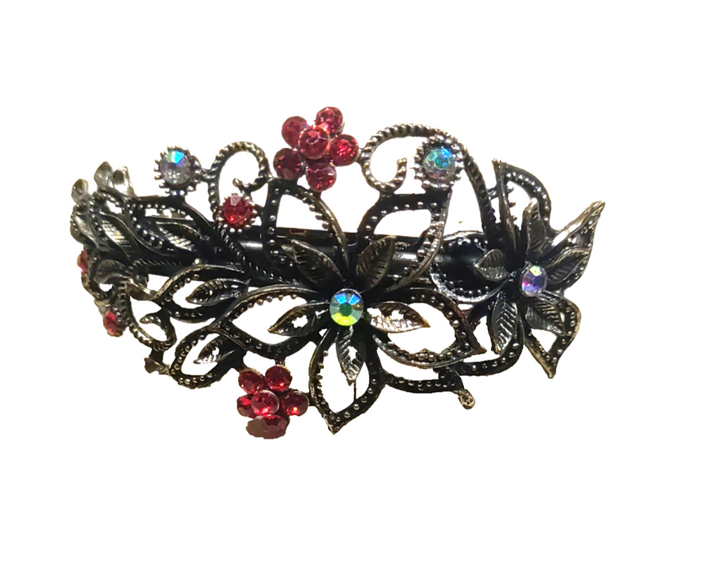 Large Heavy Hair Barrette Tension Clip Gun Metal Silver Red Aurora Borealis...